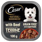 Cesar's Terrine Dog Food features a white dog on its packaging and contains beef, green beans, carrots, and blueberries. Each 100g serving offers a delightful taste experience for your furry friend.